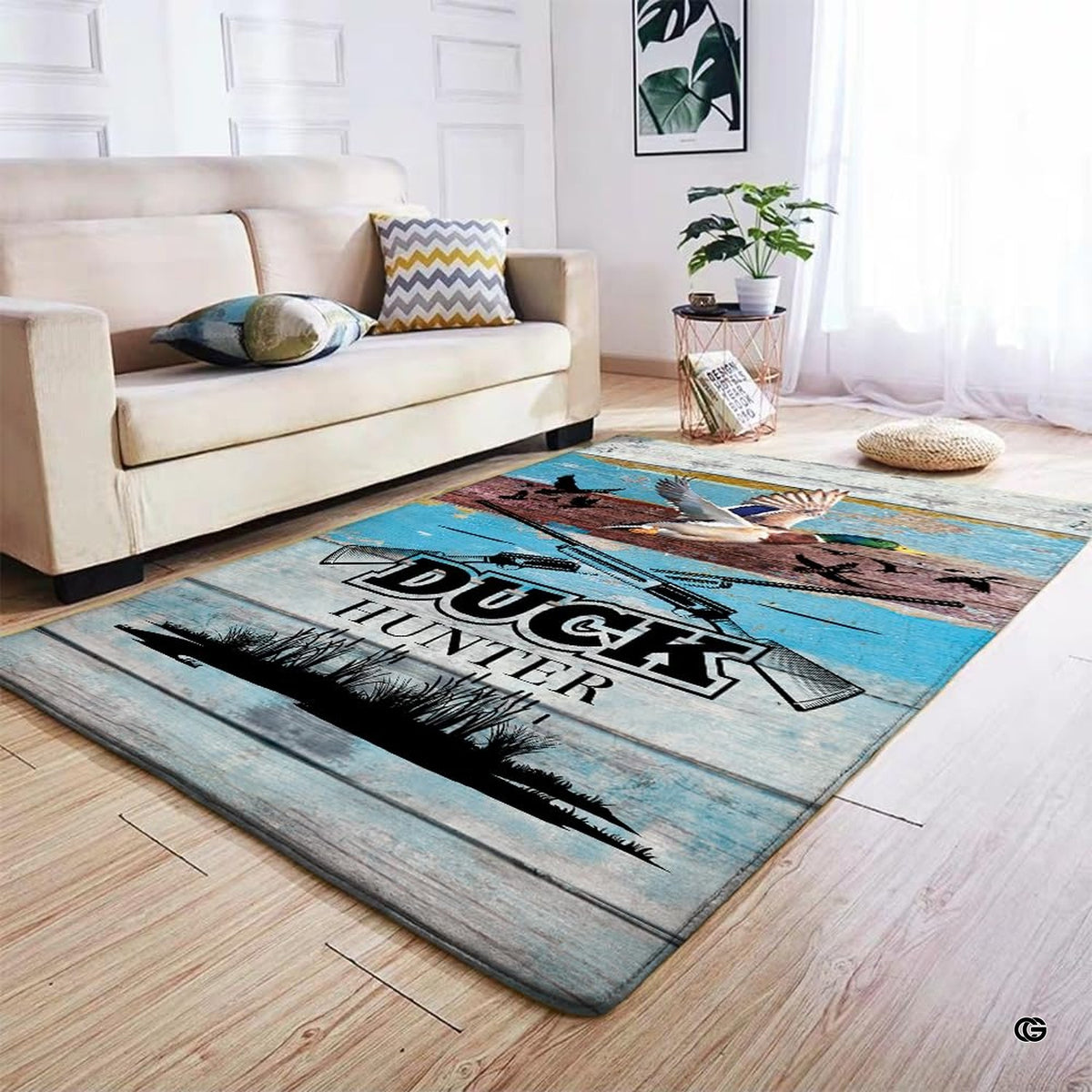 Waterfowl area rug displayed on dark hardwood flooring in a lodge style room layout. - image 4 of 7