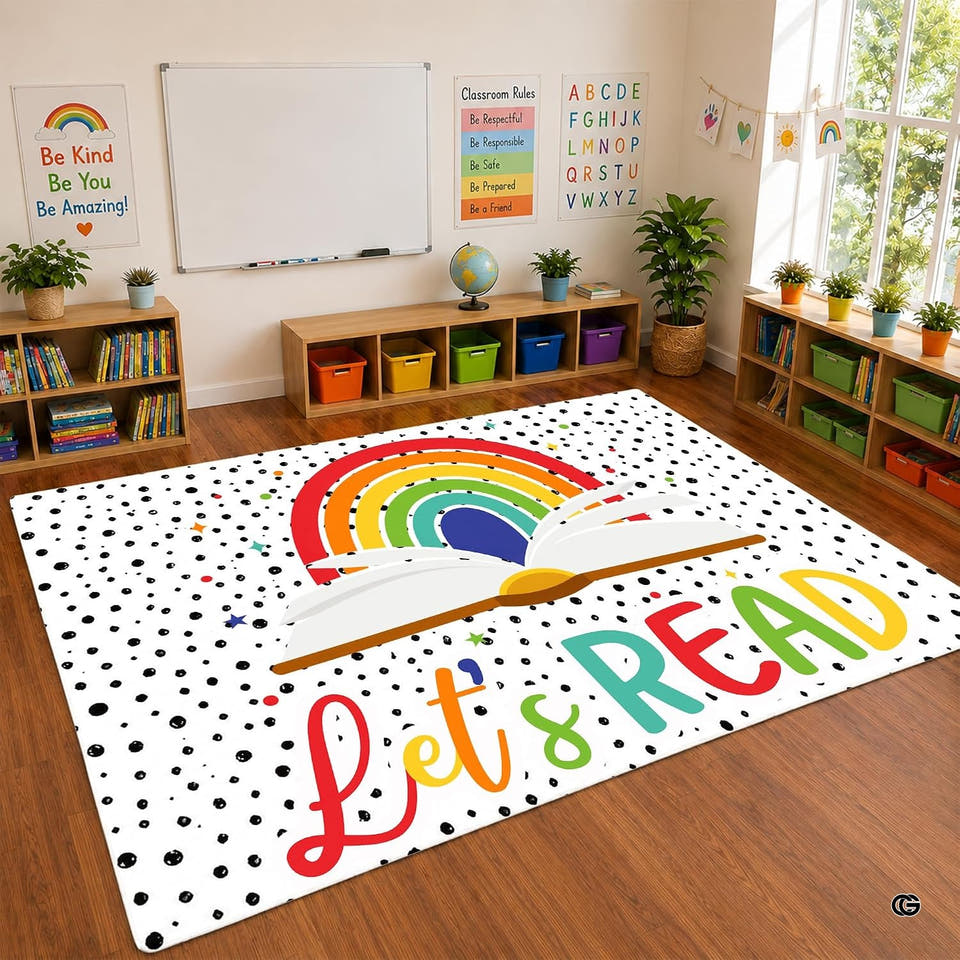 Full flat layout of rainbow book classroom area rug displaying dalmatian dot pattern and rainbow artwork