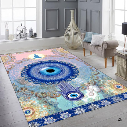 Side perspective showing artistic print detailing of blue evil eye talisman and Hamsa hand on decorative rug. - thumbnail image 6 of 8