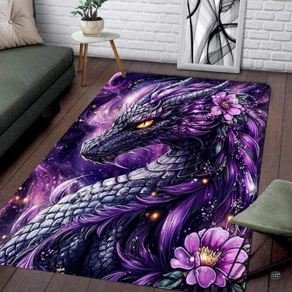 Overhead layout view of the rectangular purple floral dragon cosmic area rug - thumbnail image 7 of 8
