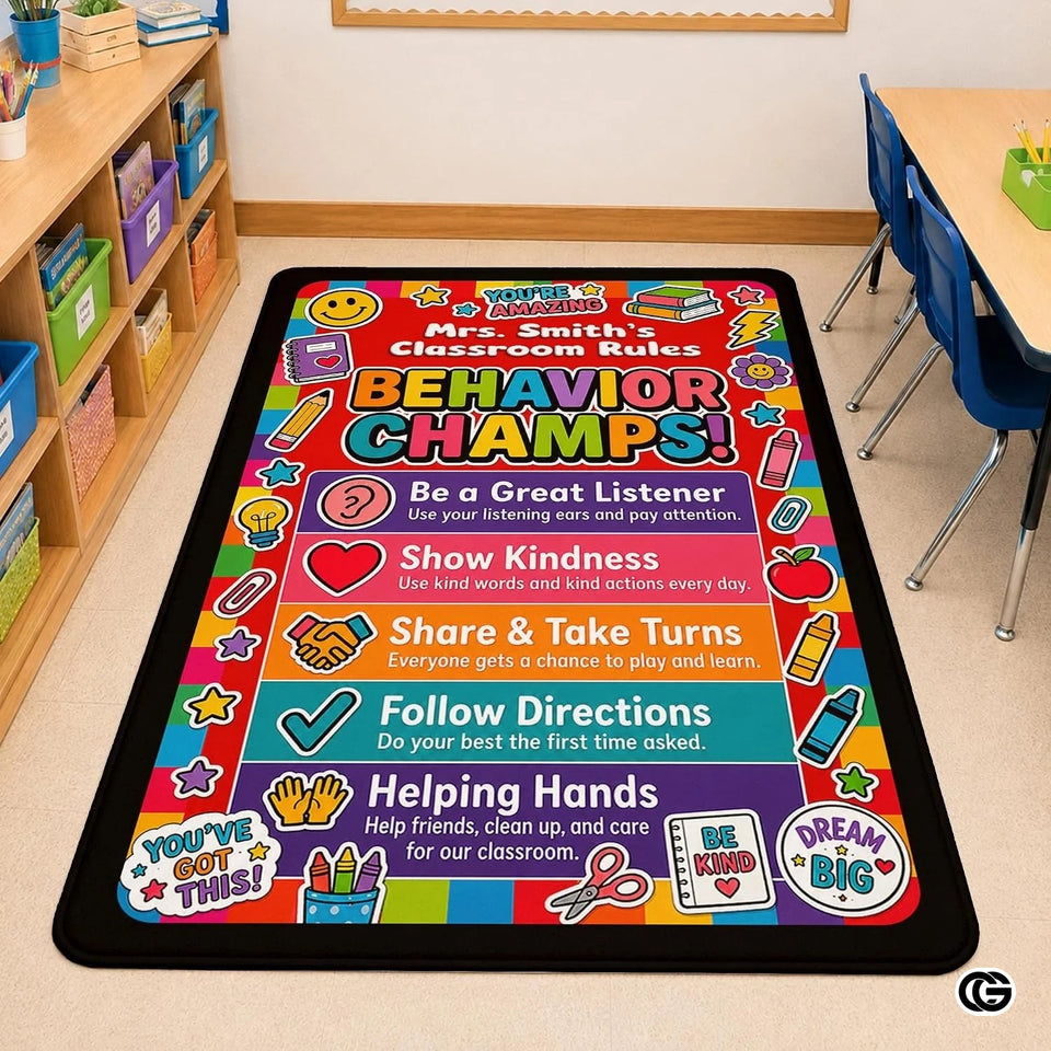 Personalized Teachers Classroom Rug with Custom Name - D6