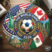 Custom Soccer 2026 Round Rug with Trophy and Flag Design