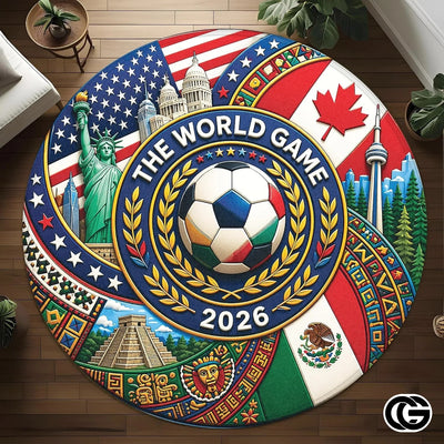 Custom Soccer 2026 Round Rug with Trophy and Flag Design