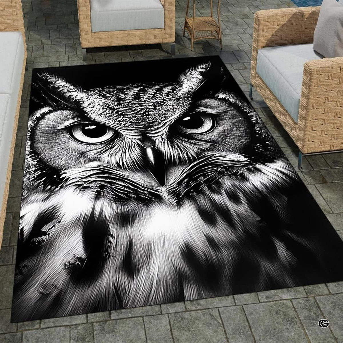 Nocturnal horned owl face wildlife living room area rug with dramatic black and white ink sketch
