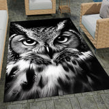 Nocturnal horned owl face wildlife living room area rug with dramatic black and white ink sketch