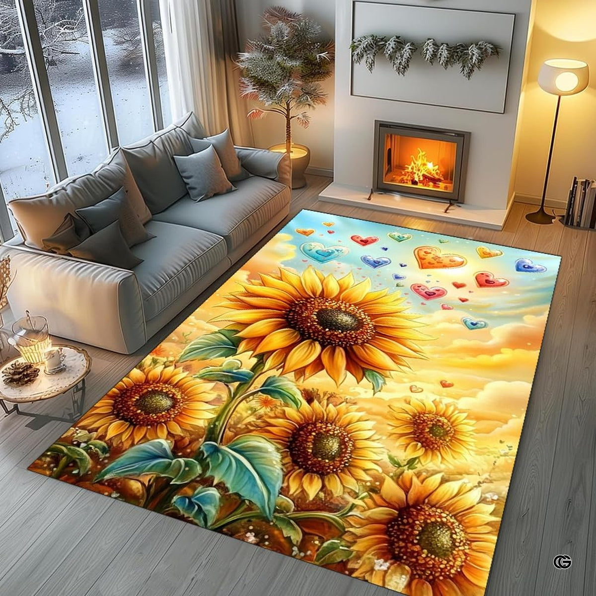 Perspective angle highlighting ascending colorful heart motifs and glowing amber sky tones on golden floral floor art.