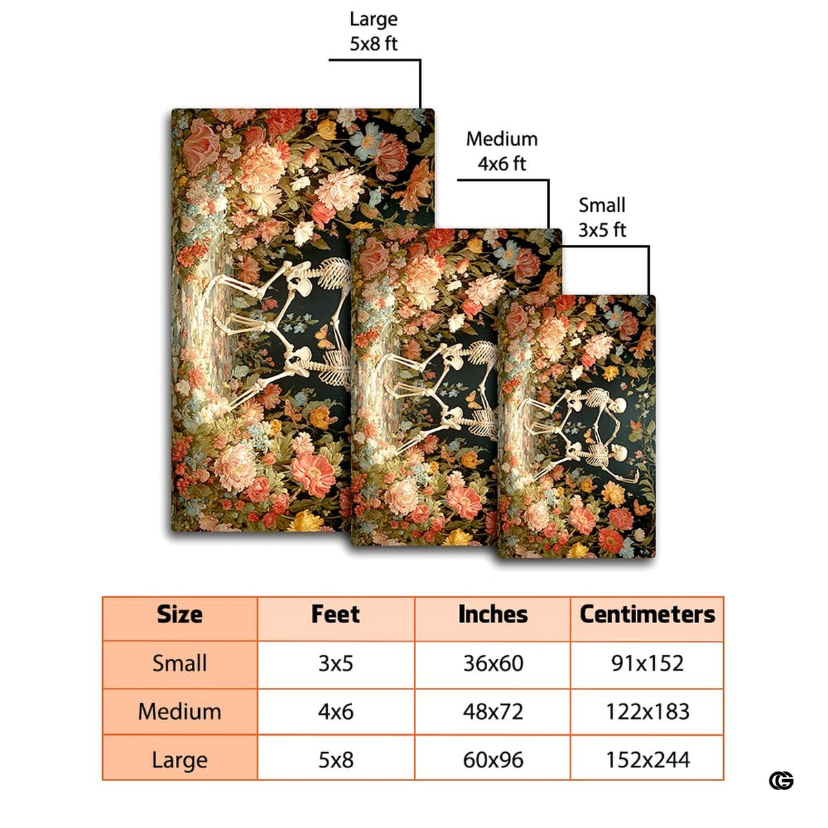 Elegant lounge setting with the gothic dancing skeletons botanical area rug