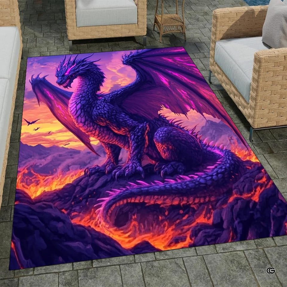Stone patio setting featuring a volcanic lava mountain purple dragon fantasy area rug