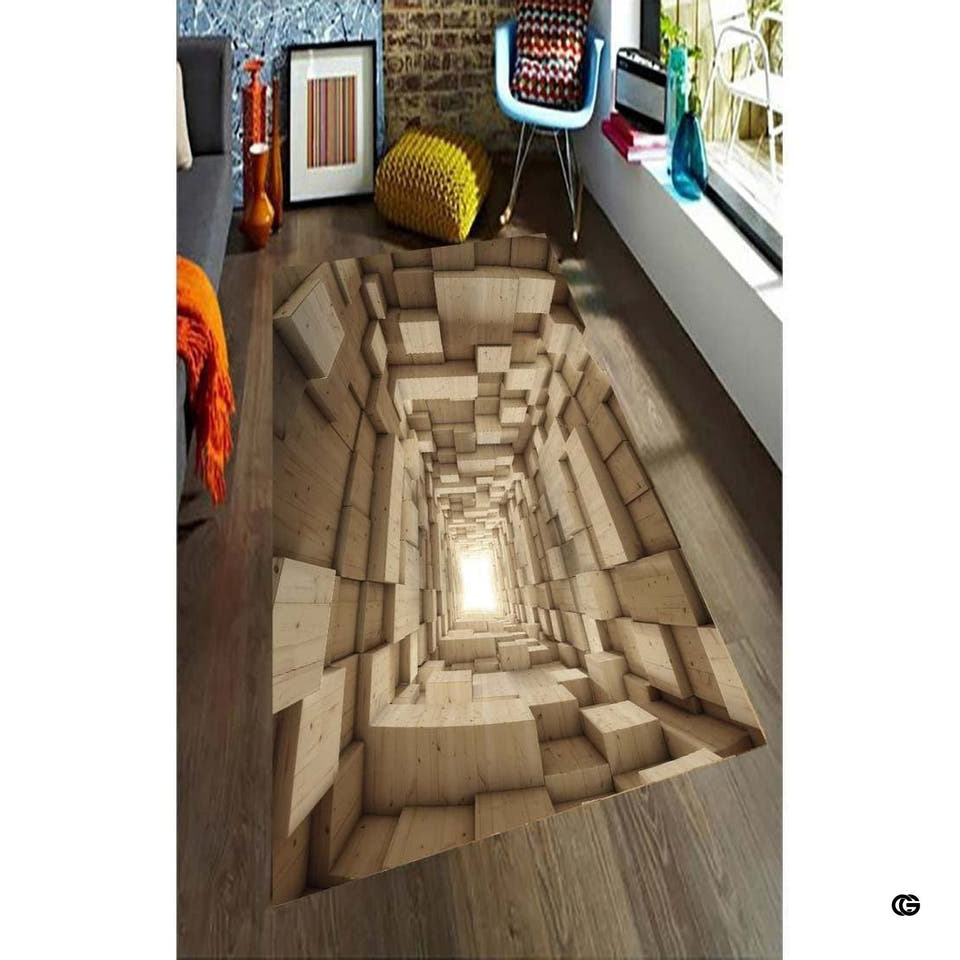 Living room setting featuring a rectangular 3D optical illusion area rug with descending wooden block artwork.