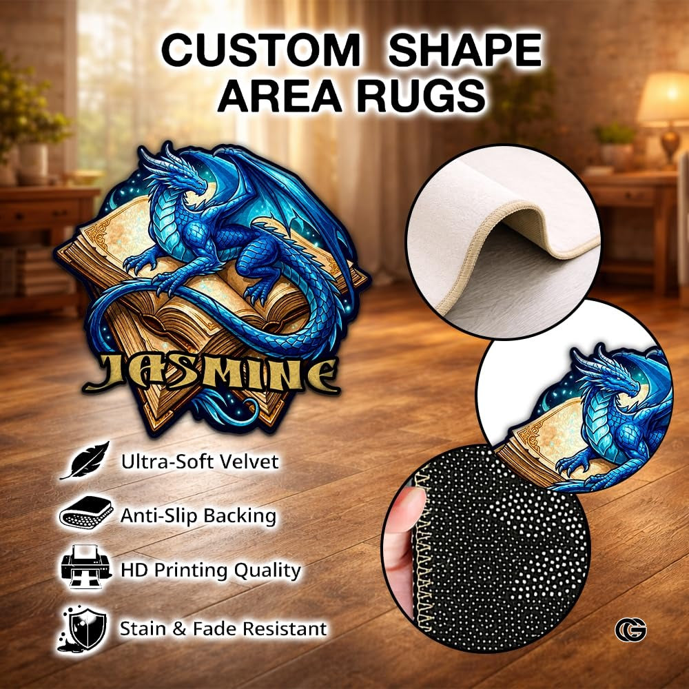 Custom Dragon Shaped Area Rug, Personalized Library Western Dragon Shaped Floor Mat Book Rug, Non-Slip Reading Room Carpet for Living Room, Bedroom, Dorm, Kids Room, Fans Lover (D2)