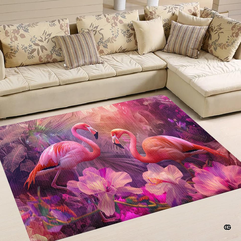Living room display of a rectangular sunlit flamingos tropical floral area rug before a sectional sofa.