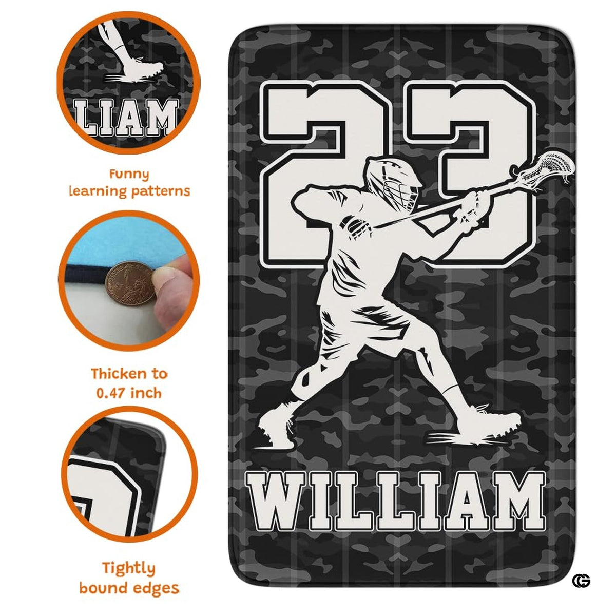 Action shot illustration of lacrosse athlete stick handling on charcoal camo area rug floor decor. - image 2 of 9
