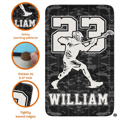 Action shot illustration of lacrosse athlete stick handling on charcoal camo area rug floor decor. - thumbnail image 2 of 9