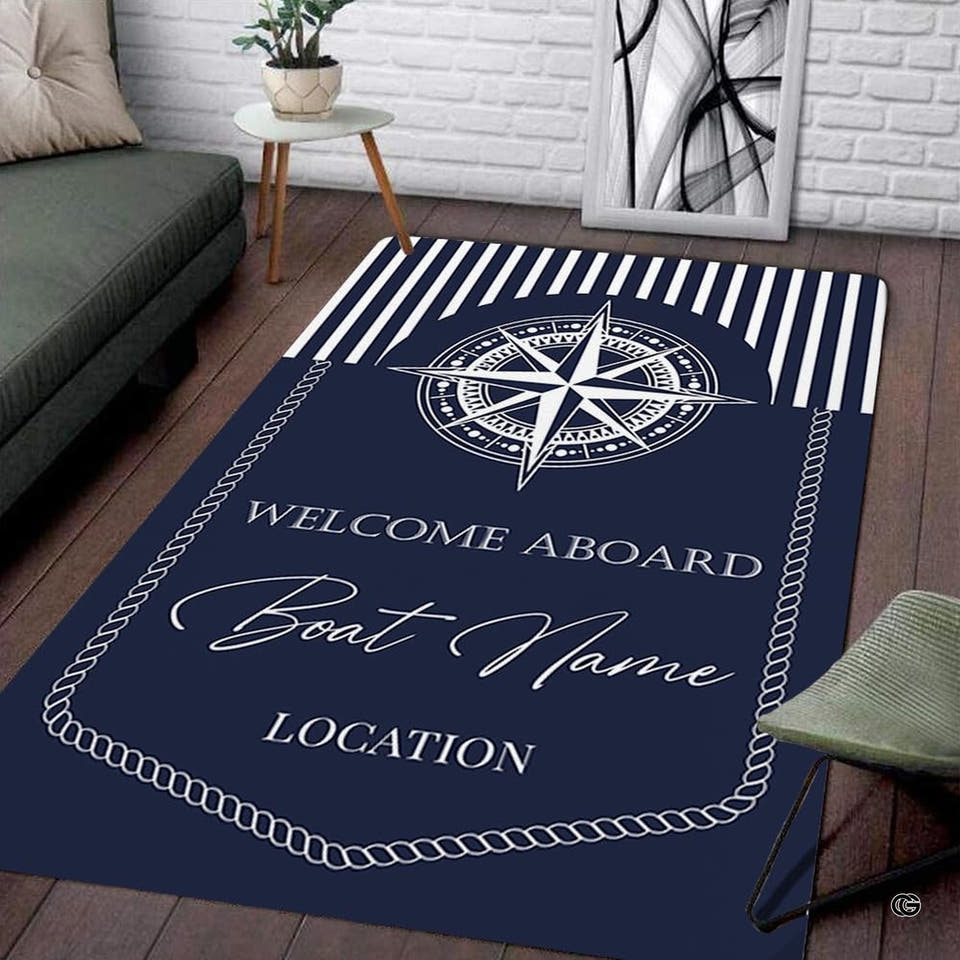 Nautical compass rose star navy area rug showcasing rope border and coordinate linework