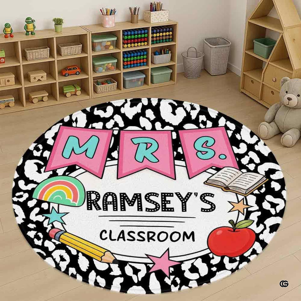 Circular animal print classroom rug featuring black and white cheetah spots and school motifs.