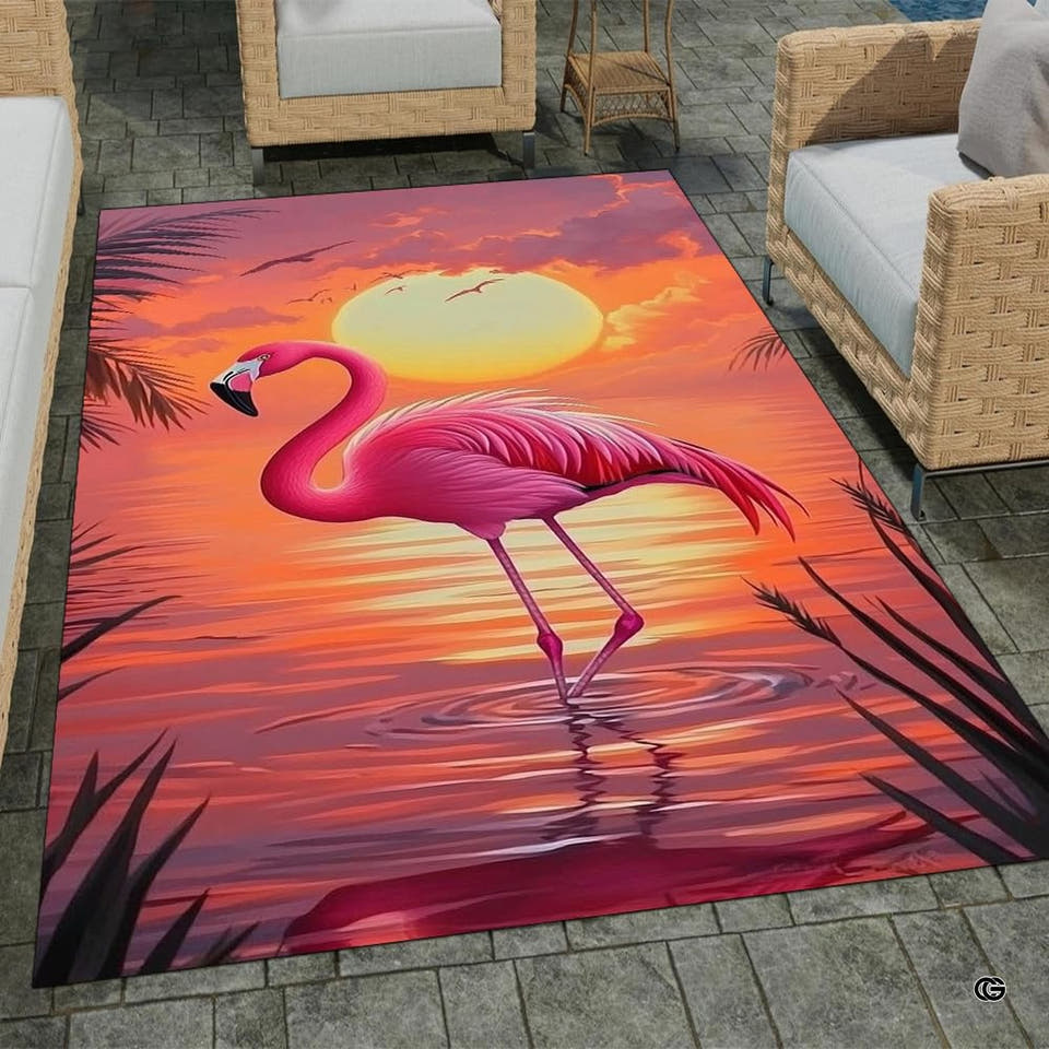 Tropical coastal pink rug with flamingo standing in shallow water before a glowing golden sunset.