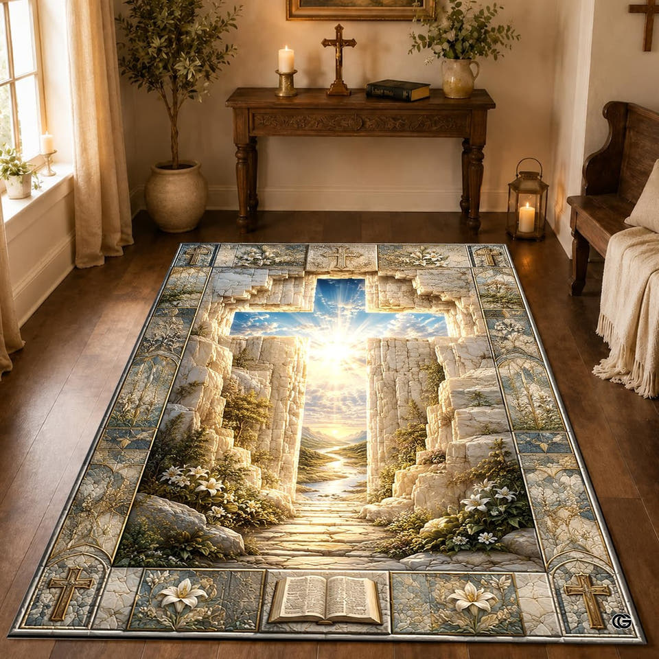 Cross shaped stone portal area rug with radiant sunlight on wooden floor