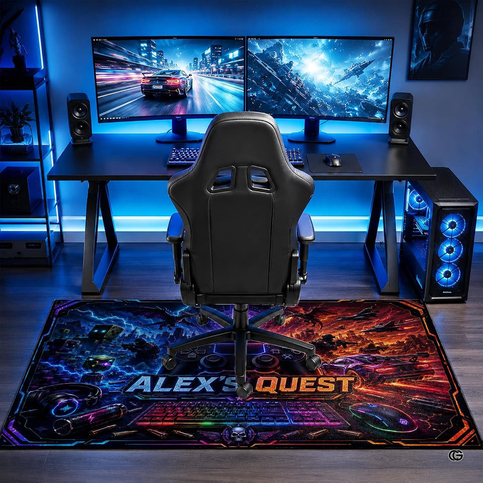 Retro gaming area rug with vibrant controller and glowing keyboard illustrations centered on dark flooring.