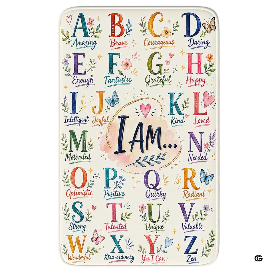 Alphabet affirmation chart with colorful A to Z letters and encouraging words on an educational area rug
