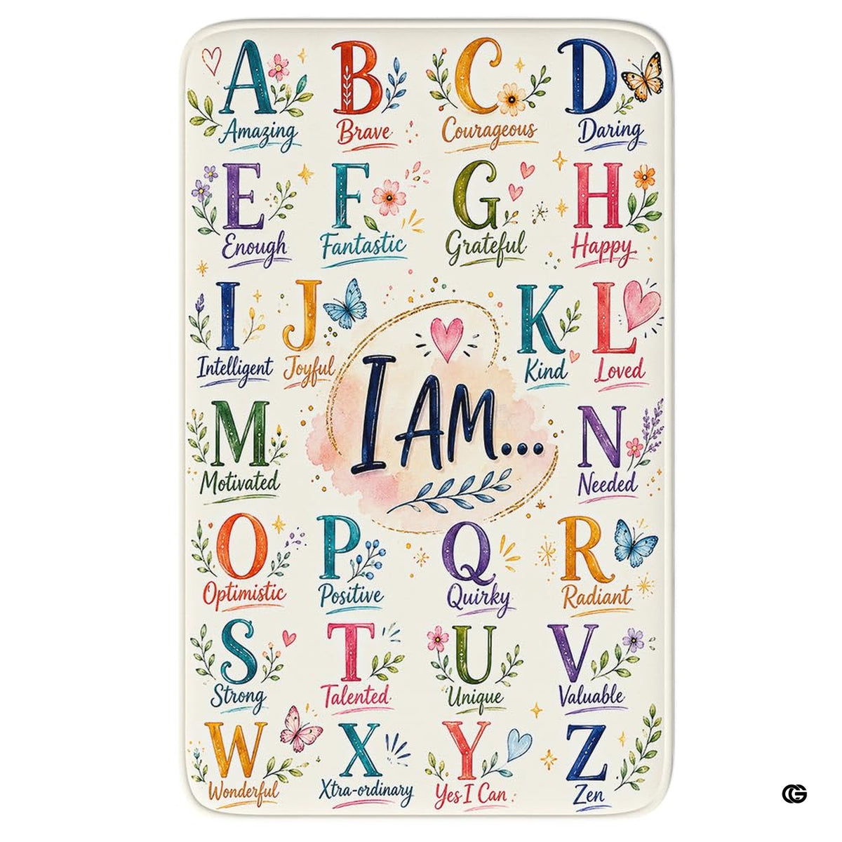 Alphabet affirmation chart with colorful A to Z letters and encouraging words on an educational area rug - image 1 of 7