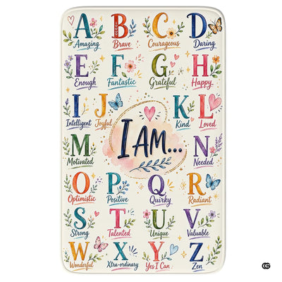 Alphabet affirmation chart with colorful A to Z letters and encouraging words on an educational area rug