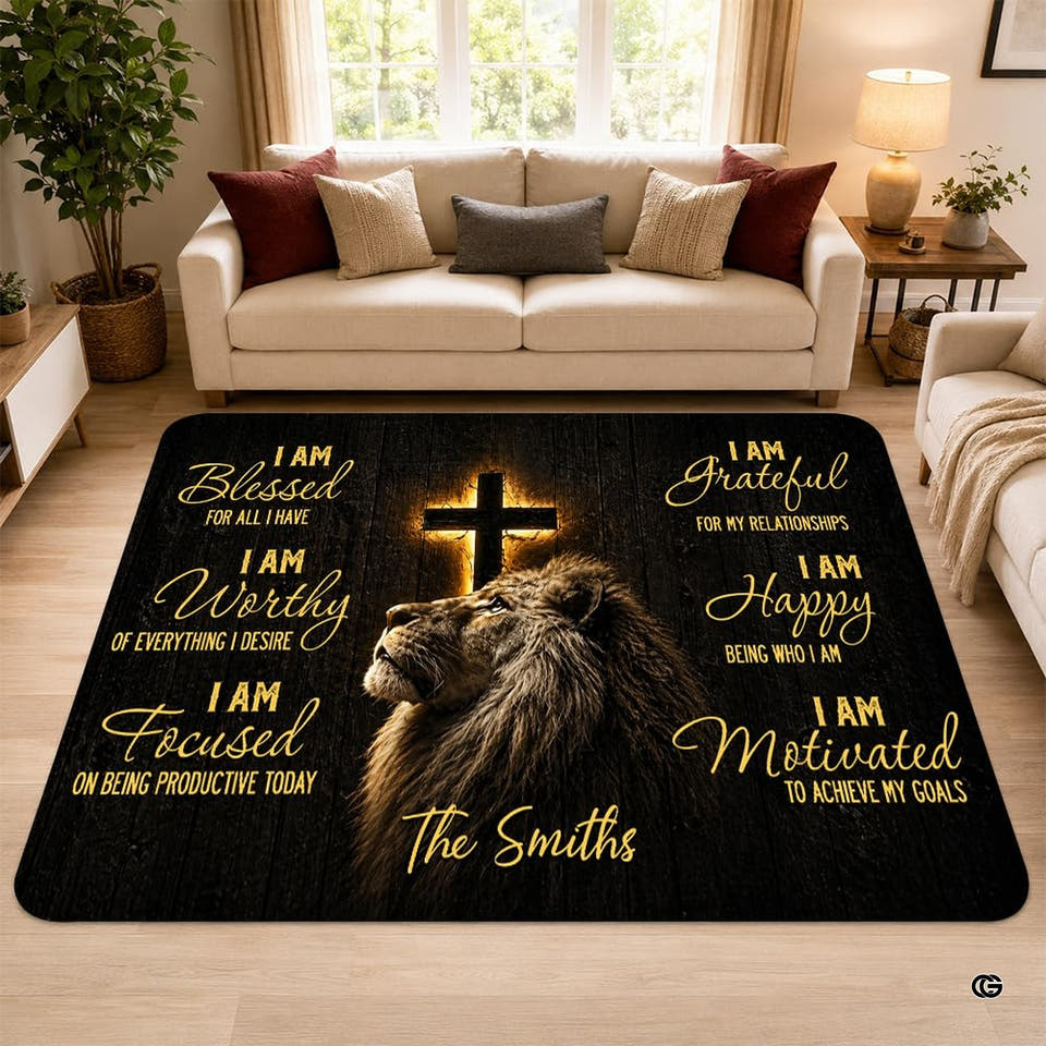 Majestic lion area rug showcasing a noble male lion and golden cross over rustic vertical wood boards.