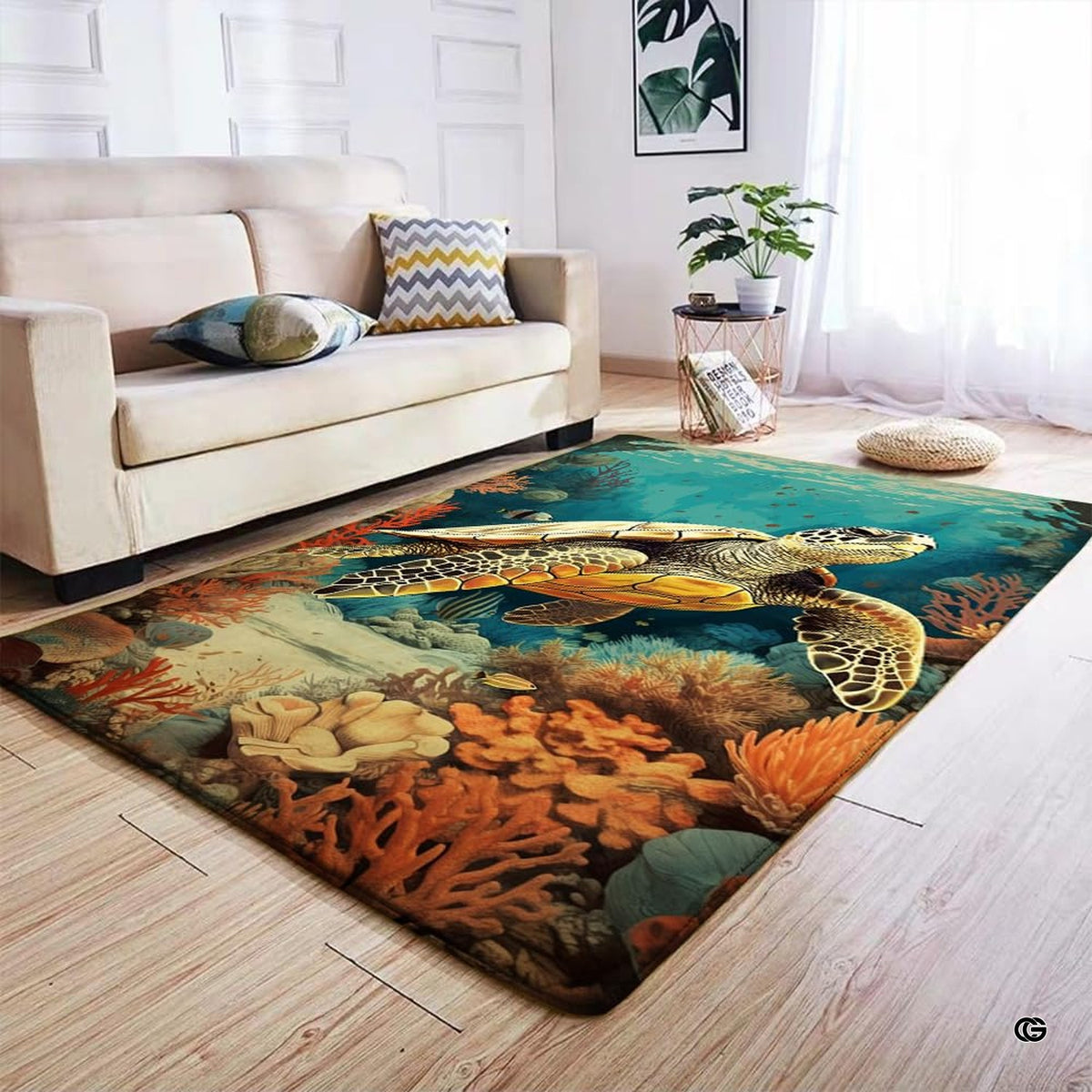 Infographic displaying the anti-slip dot backing and durable edge stitching of the sea turtle rug