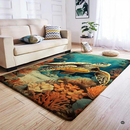 Infographic displaying the anti-slip dot backing and durable edge stitching of the sea turtle rug - thumbnail image 4 of 7