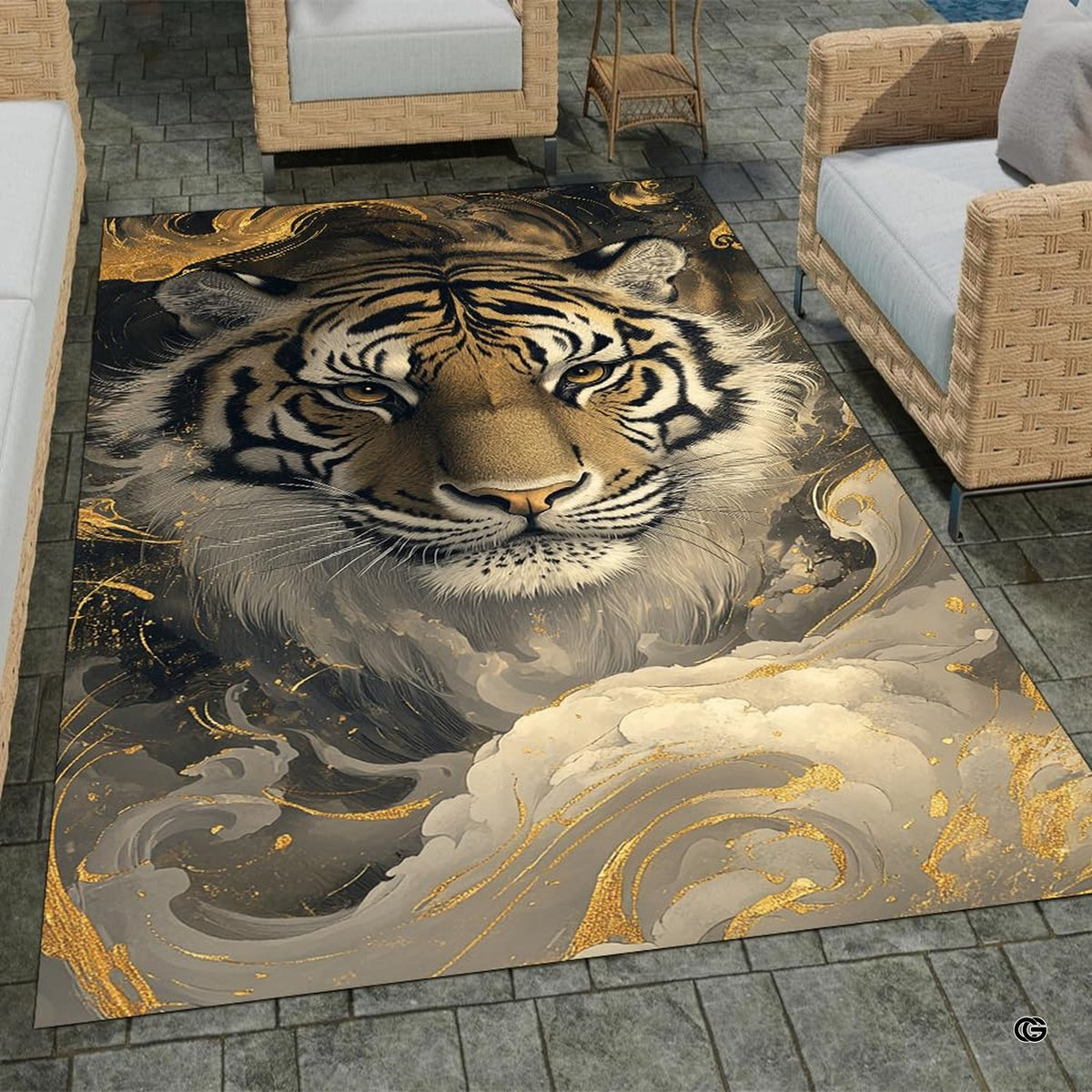 Artistic detail of tiger area rug emphasizing delicate leaf vein textures and golden-amber fluid ribbons.