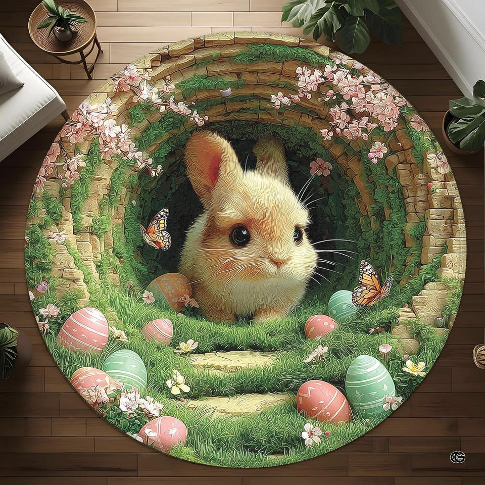 Round area rug on wood floor featuring an illustrated bunny and easter eggs in a garden burrow