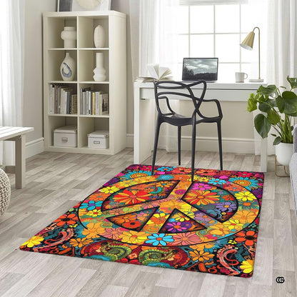 Angled perspective of colorful hippie peace sign rug displayed in eclectic interior - thumbnail image 5 of 5