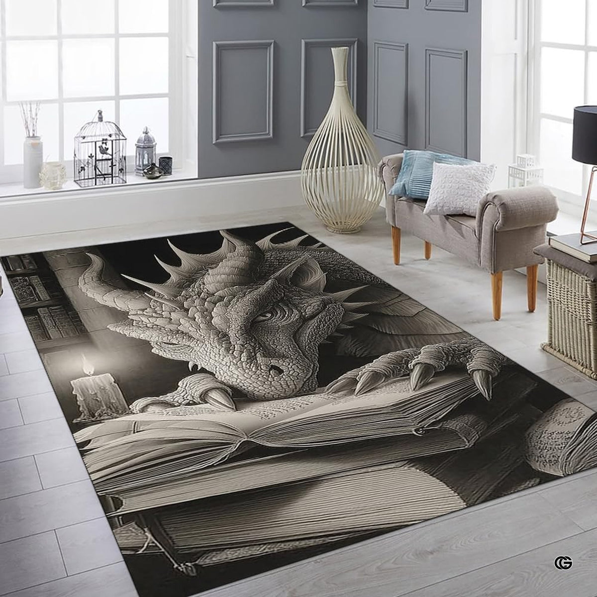 Charcoal fantasy dragon resting its head and claws on an open spellbook beside a candle in an ancient library area rug.