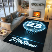 Gaming room layout displaying the glowing neon soccer rug centered on hardwood flooring - thumbnail image 5 of 7