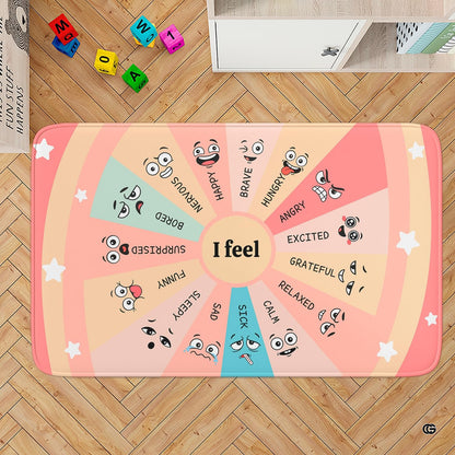Decorative emotion wheel rug displaying radial color blocks in pink, yellow, and beige. - thumbnail image 7 of 9
