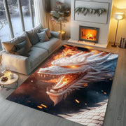 Living room setting featuring white dragon area rug styled with dark contemporary furnishings. - thumbnail image 5 of 7