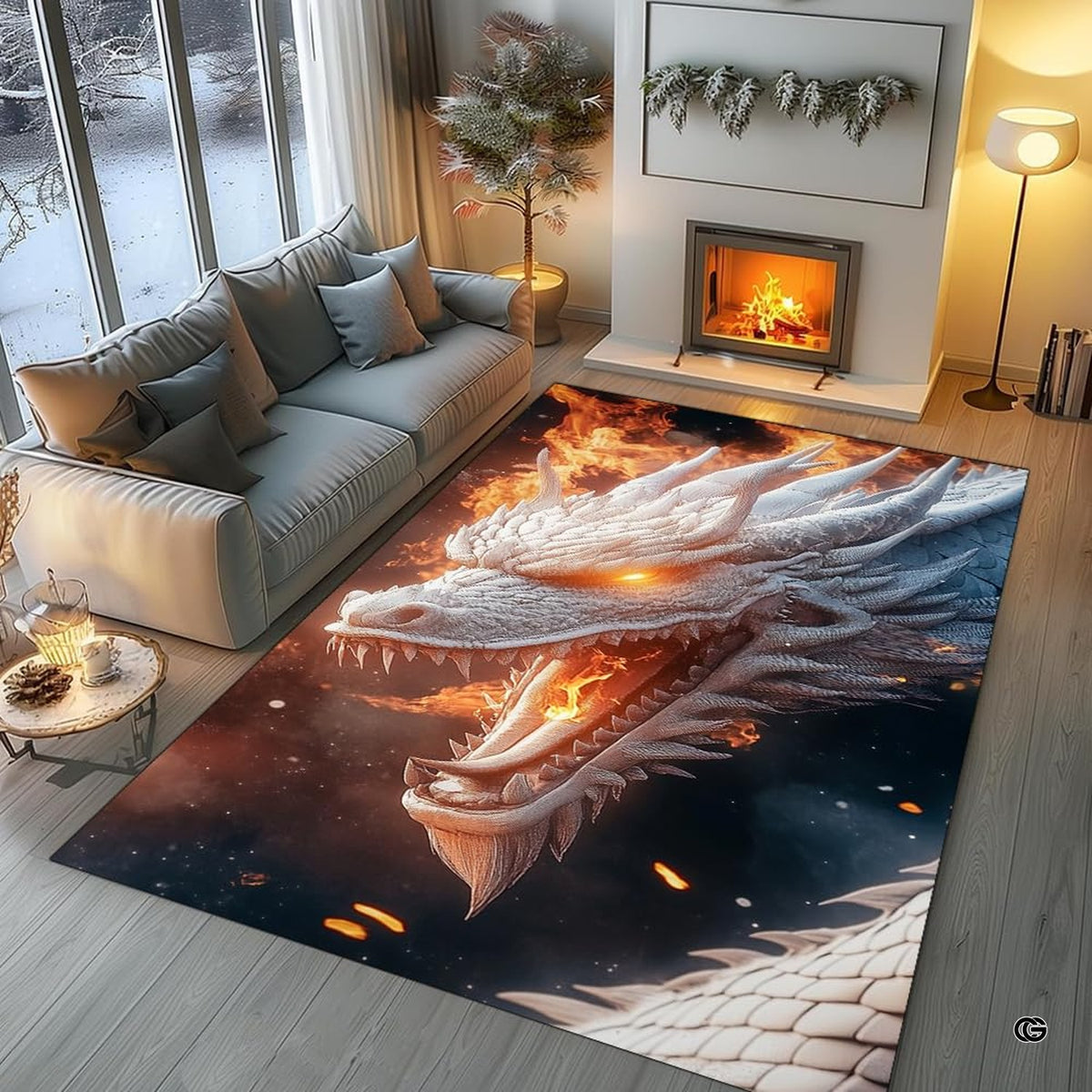 Living room setting featuring white dragon area rug styled with dark contemporary furnishings. - image 5 of 7