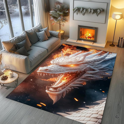 Living room setting featuring white dragon area rug styled with dark contemporary furnishings. - thumbnail image 5 of 7