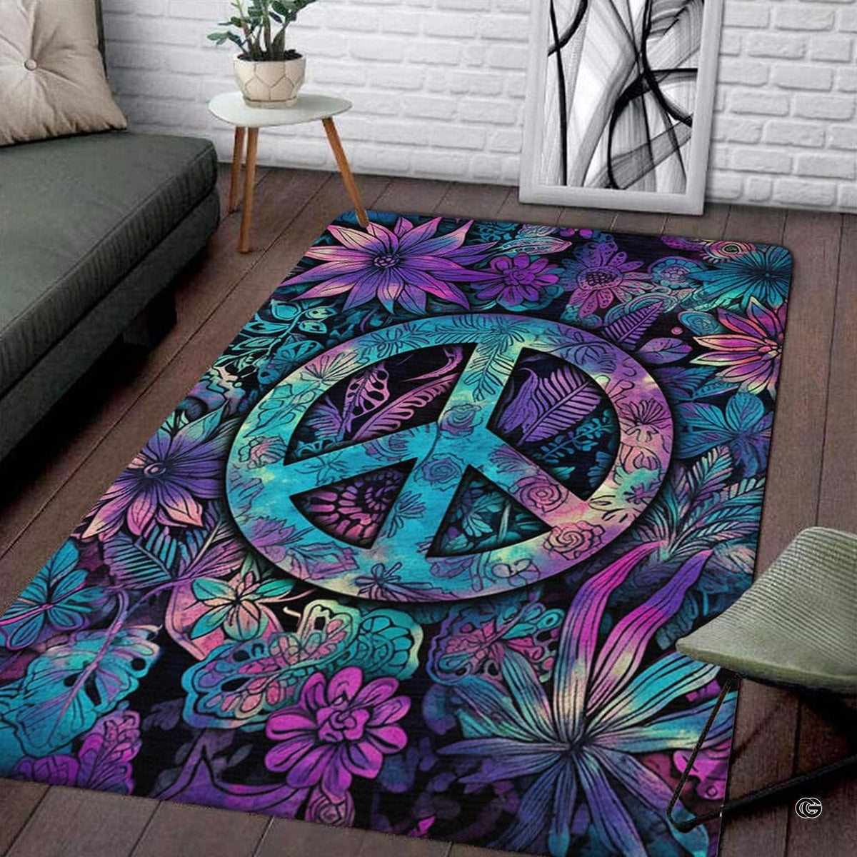Boho peace sign area rug featuring vibrant neon magenta and cyan tropical foliage on dark backdrop. - image 1 of 5