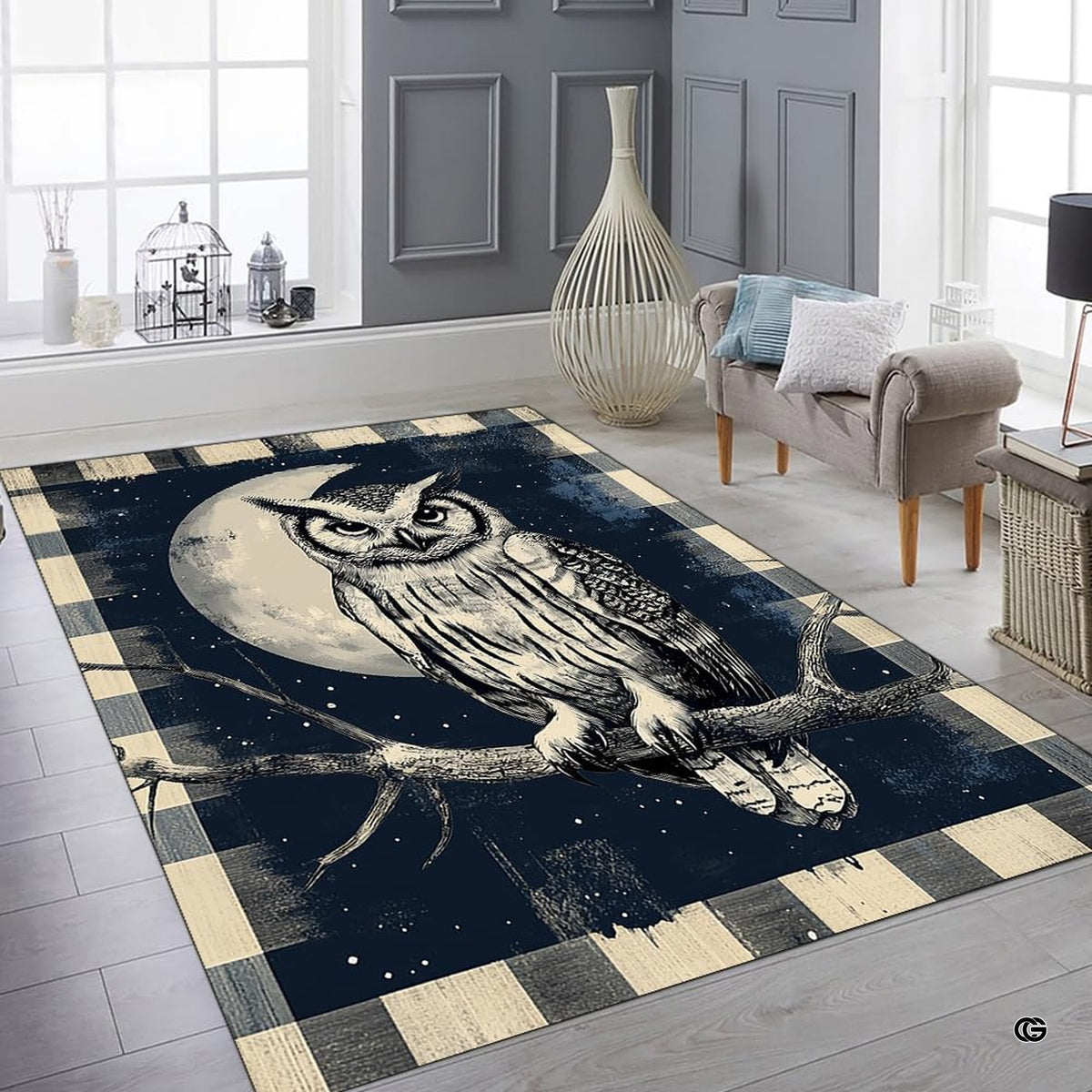 Overhead flat view of rectangular rustic plaid crescent moon owl wildlife area rug