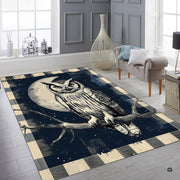Overhead flat view of rectangular rustic plaid crescent moon owl wildlife area rug - thumbnail image 8 of 8