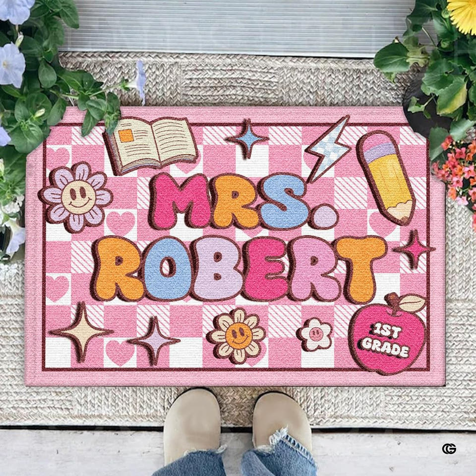 Personalized Teacher Welcome Door Mat with Name, Composition Notebook Style, Perfect Classroom Decor & Back to School Gift for Teachers (Colorful Class #4)