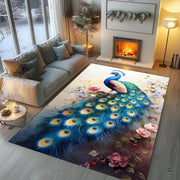 Living room setting featuring ornate blue peacock area rug beneath sitting furniture. - thumbnail image 5 of 8