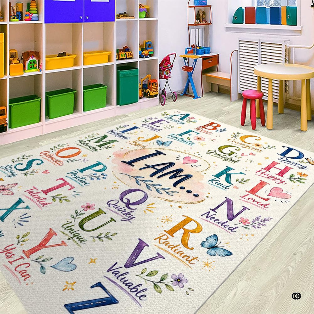 Soft low-pile microfiber surface texture on alphabet affirmations educational area rug