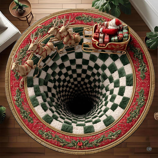 Round Christmas rug with reindeer sleigh and green checkerboard tunnel illusion
