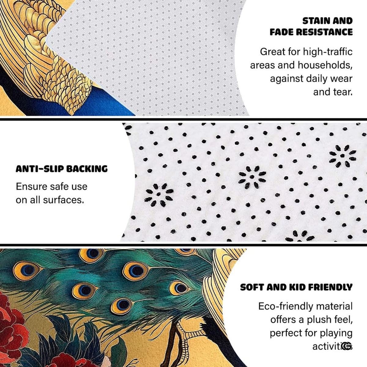 Visual display showing the intricate bird illustration, glowing halo border, and rich peacock colors of the rug. - image 6 of 7