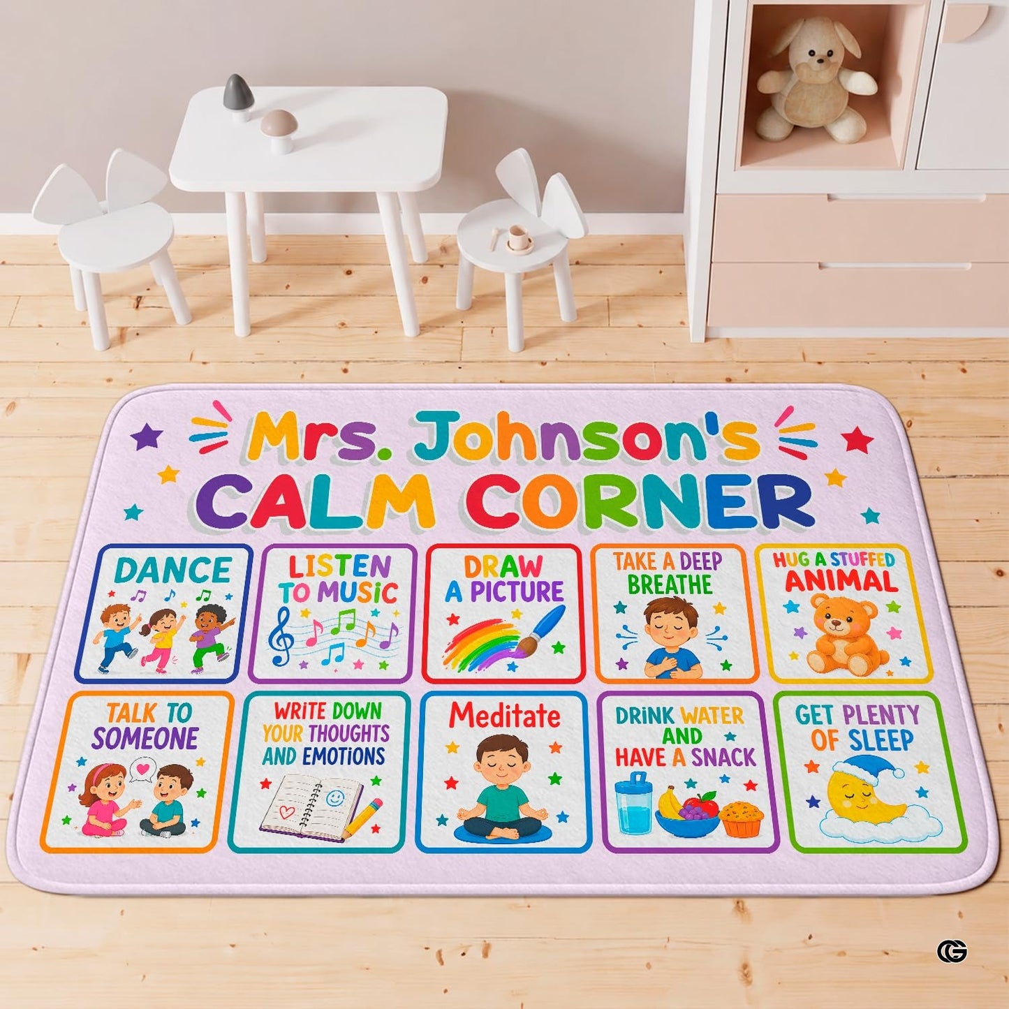Personalized Calming Corner Rug for Classroom, Custom Teacher Name Reading Corner Rug, Emotions Feelings Carpet, Soft Fluffy Calm Corner Decor for School Reading Nook (Calming Corner)