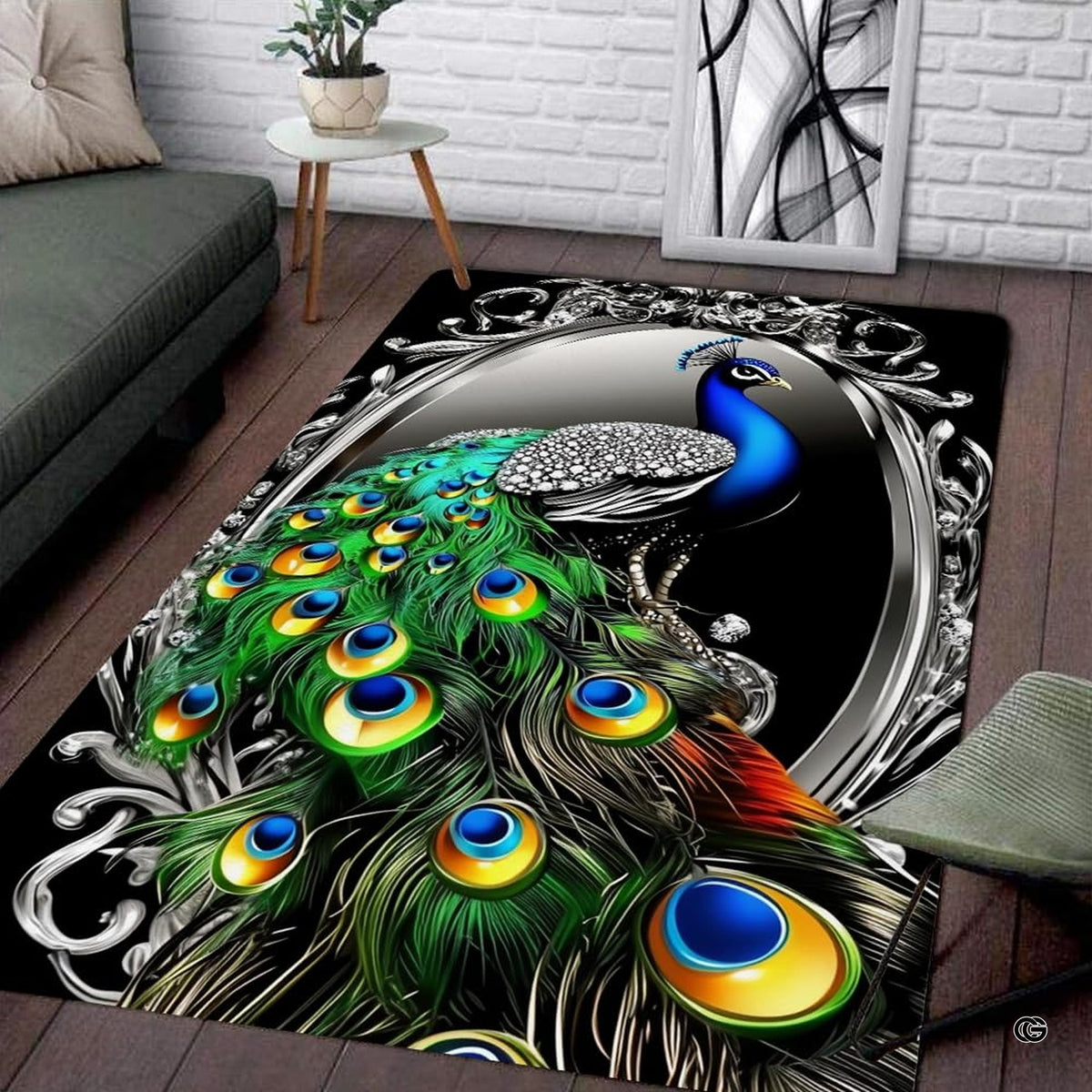 Emerald green peacock area rug featuring royal blue plumage and silver rococo filigree scroll border. - image 1 of 8