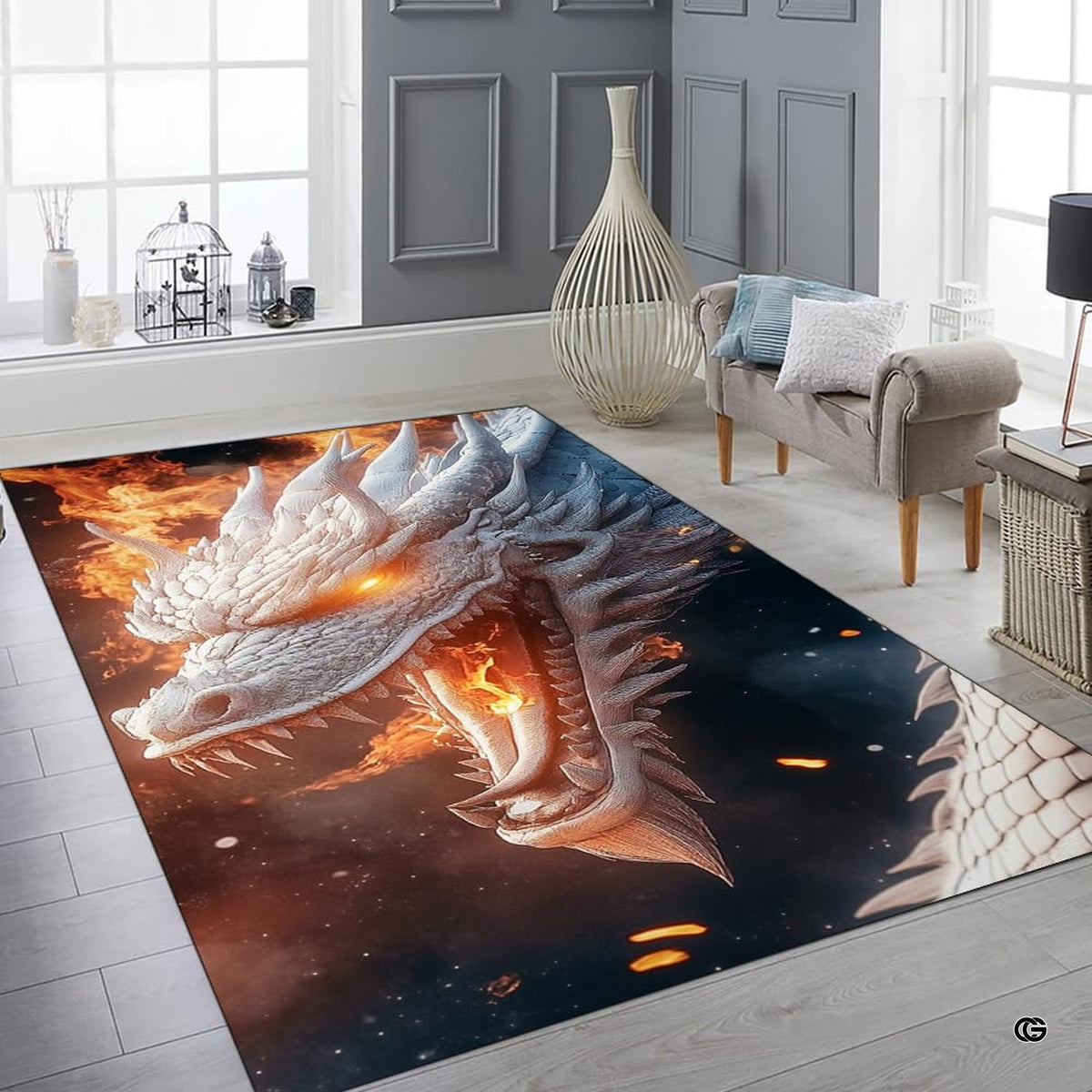Detailed view of crimson embers and fiery yellow breath on mythical creature floor rug.