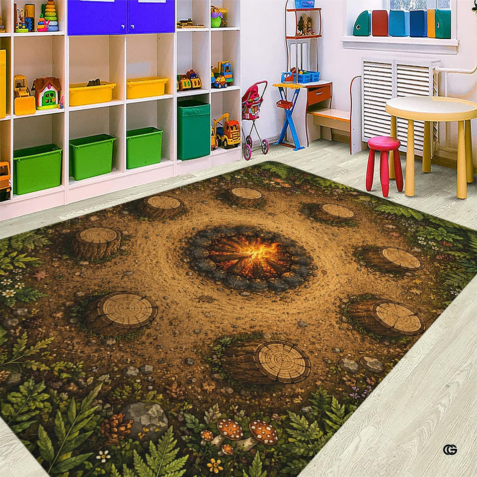 Woodland campfire log stumps rectangular area rug styled on light floorboards in a colorful preschool play space.
