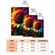 Dimensions and sizing chart for rainbow spectrum sunflower area rug - thumbnail image 2 of 7